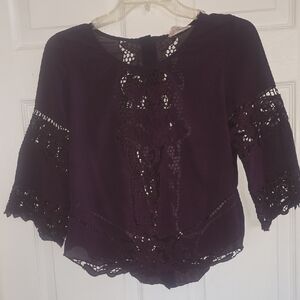 L'ATISTE Plum Crochet Lace Sheer Peasant Blouse